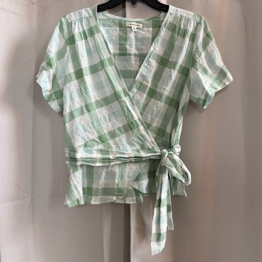 Max Studio Wrap Top Small Cotton Plaid Fairy Beach Boho Peasant Western 18069x